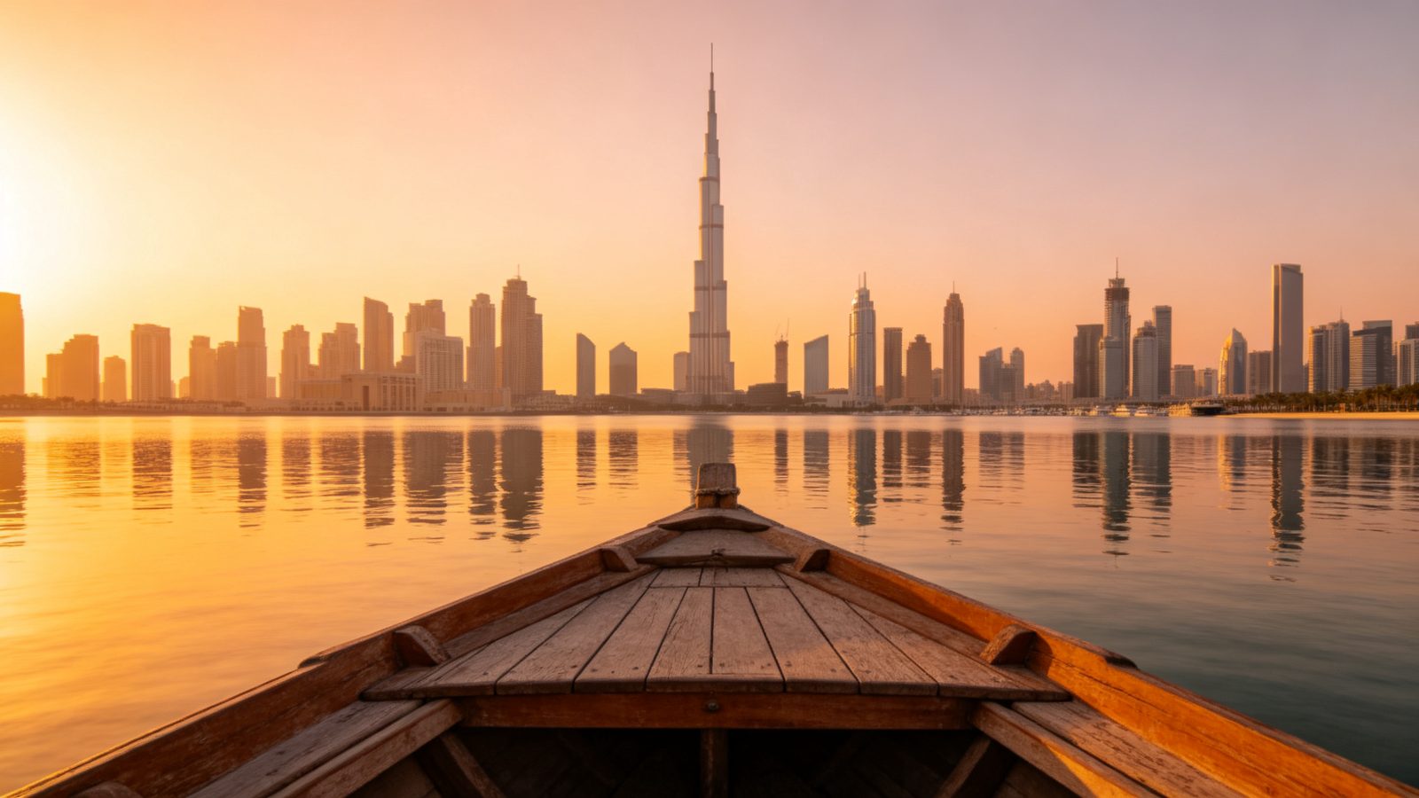 3 days in Dubai itinerary — the Dubai skyline and Burj Khalifa at golden hour seen from a traditional abra boat