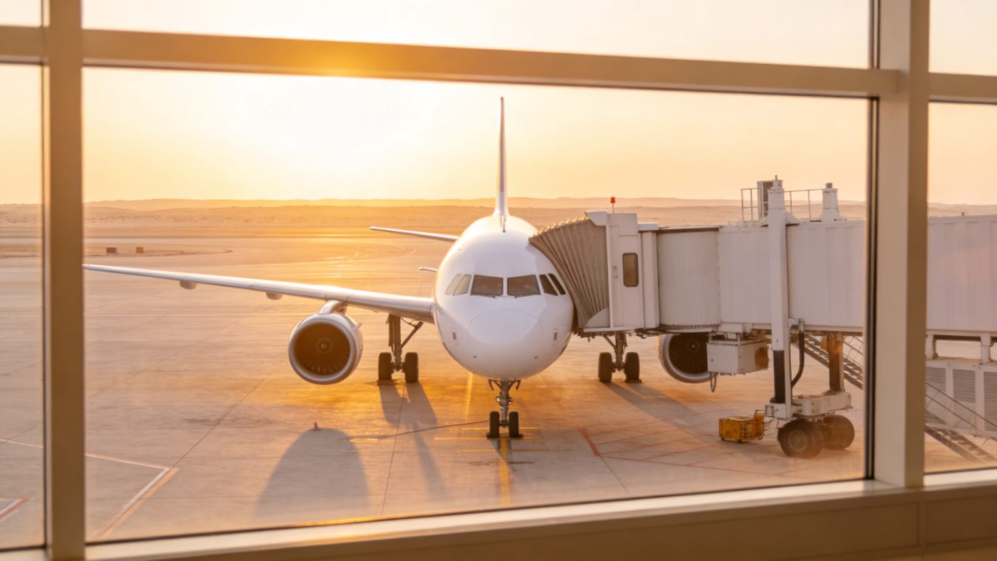 An airliner at the gate at sunrise seen from the terminal — the two-hour Riyadh to Dubai flight