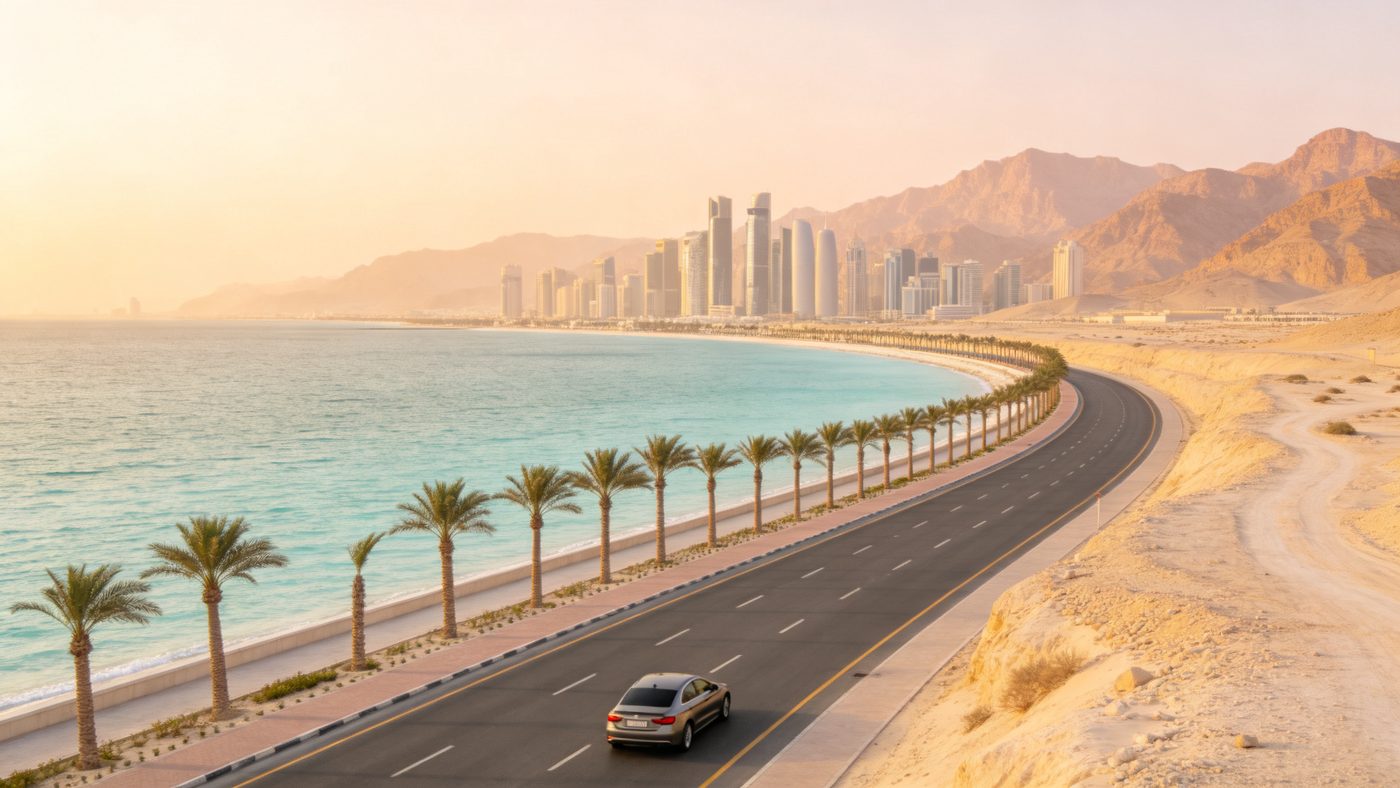 Coastal corniche road along turquoise Gulf water with a city skyline and mountains ahead — the second half of the 7-day GCC route
